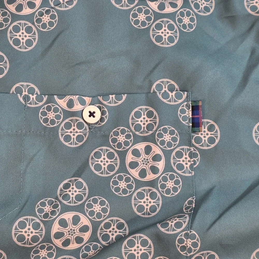 William Murray Golf Mens XXL Blue Movie Film Reel Print Short Sleeve Button Down